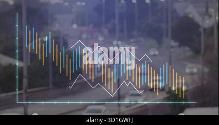 Displaying semi-transparent data chart with blue bars and zigzag over busy urban highway with cars Stock Photo