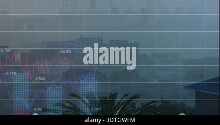 Displaying financial chart merging skyline and cranes at harbor with line charts, bars, percentages Stock Photo