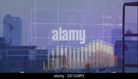 Displaying data overlay on office window overlooking skyline with grid, axis labels and line graph Stock Photo