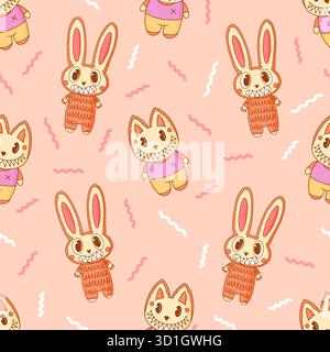 Cute and scary Monster Characters seamless patterns Rabbit with claws. Funny mascot kawaii beasts in hand drawn modern style.  Stock Vector
