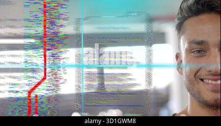 Smiling face occupying right half frame in studio, colored glitch lines, blurred text, copy space Stock Photo