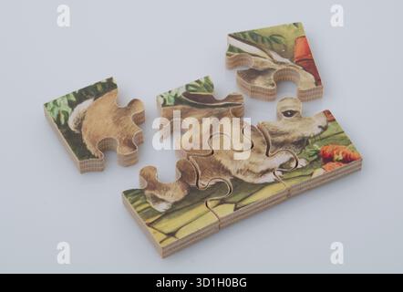 An old jigsaw puzzle from the early 1960's. They enhance a child's spatial learning skills to understand how shapes & sizes fit together. Stock Photo