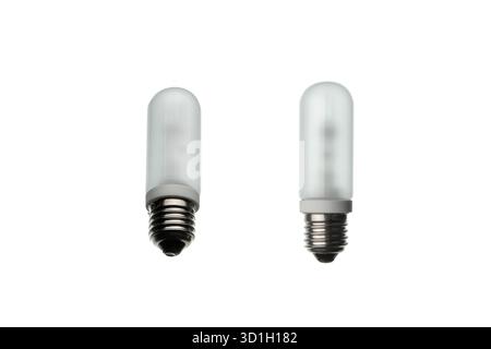Two tubular E27 screw base light bulbs with frosted glass, isolated on white. Stock Photo