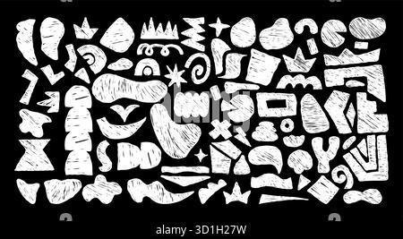Curvature Crayon Freeform set. Abstract White Chalk Hand Drawn Shapes, Curls, Geometric Forms, Ink Spot and doodle objects on Black. Isolated textured Stock Vector