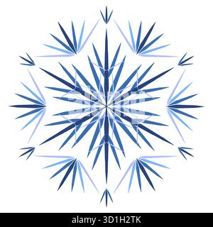 Blue ornate polygonal snowflake illustration. Geometrical mandala on white background. Refine snowflake. Isolated winter holidays decorative design el Stock Vector