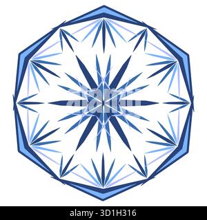 Blue ornate polygonal snowflake vector illustration. Geometrical round mandala on white background. Star with sharp rays. Isolated winter holidays dec Stock Vector