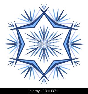 Blue ornate polygonal snowflake vector illustration. Geometrical mandala on white background. Star with six rays. Isolated winter holidays decorative Stock Vector