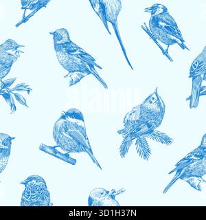 Blue forest birds seamless pattern. Toile de Jouy different species from European forests. Goldcrest, Thrush fieldfare, Robin. engraving, hatching Stock Vector