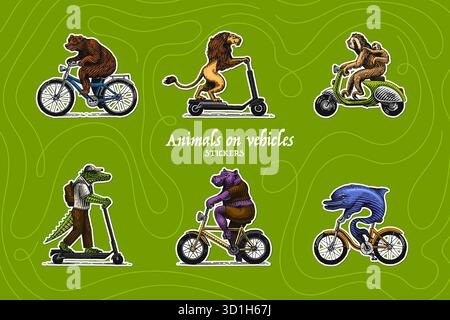 Animal characters on vehicles. Sloth with a baby on a scooter and dolphin on a bike, lion, bear crocodile, hippo. Hand drawn engraving, woodcut style Stock Vector