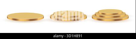 Three golden podiums. Luxury award platforms. Elegant display stages. Competition winner stand. Stock Vector