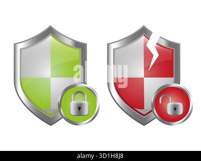 Security shields illustration. Protection emblems icons. Safety defense symbols. Vector glossy signs. Stock Vector