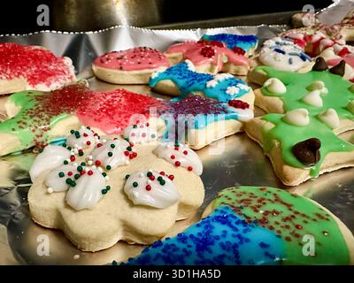 Decorated cookies on a baking sheet, selective focus Stock Photo