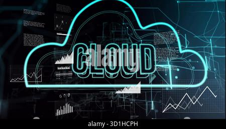 Displaying neon cyan cloud with CLOUD showing data flow in digital interface, with charts and code Stock Photo