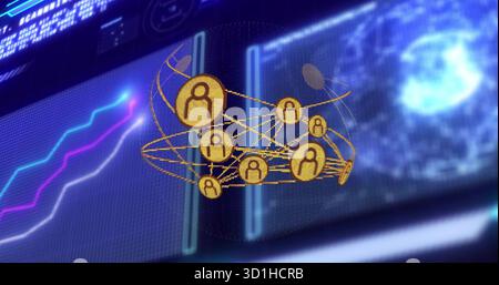 Floating network of golden avatars with lines in panels showing multicolor graph and glowing globe Stock Photo