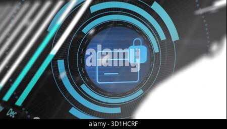 Displaying padlock icon and card outline on security dashboard, streaming binary code amid streaks Stock Photo