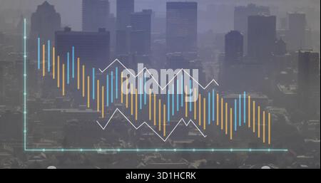 Displaying data overlay across city skyline, with teal axes, blue orange bars and zigzag trend line Stock Photo