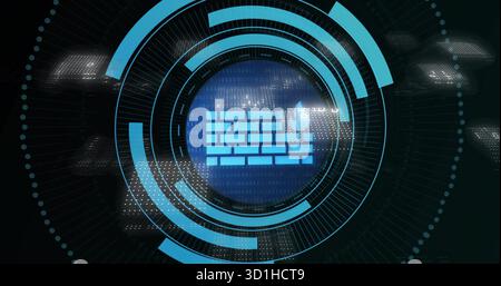 Displaying blue firewall icon emitting in interface rings, with binary code panels, hexagonal grid Stock Photo