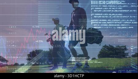 Walking golfers wearing polos carrying bags on sunlit fairway, with financial line charts and code Stock Photo