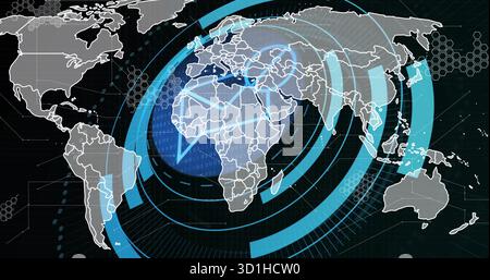 Projecting world map graphic on interface screen showing concentric rings, hex grid and binary code Stock Photo