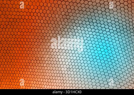Geometric hexagonal pattern with orange and blue gradient light reflection on modern architectural surface, abstract minimal design background Stock Photo