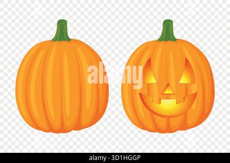 Vector Halloween Pumpkin Set with Carved Faces. Cute Cartoon Pumpkins Set. Colorful Halloween Stickers for Autumn Harvest, Fall Decoration Stock Vector