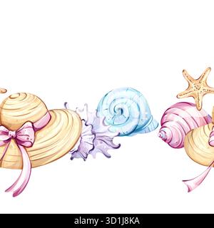 Seamless pattern background wallpaper featuring summer holiday vibes with beach hats, seashells, and starfish for a cheerful coastal arrangement Stock Vector