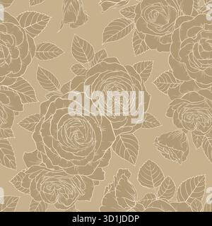 Beautiful golden vintage retro seamless pattern with roses, leaves, brances. Hand drawn contour lines Stock Vector