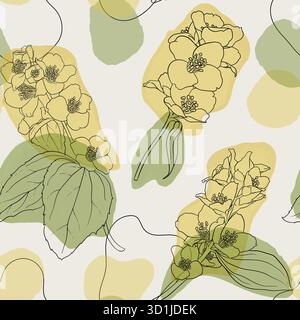Jasmine flowers and leaves vintage seamless pattern. Hand draw outline branch and twig jasmine with abstract shapes and lines pastel colors Stock Vector
