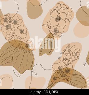 Jasmine flowers and leaves vintage seamless pattern. Hand draw outline branch and twig jasmine with abstract shapes and lines pastel colors Stock Vector