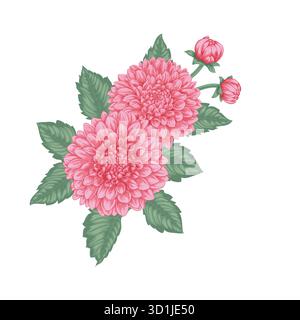 beautiful bouquet dahlias with the effect of a watercolor drawing isolated on background. design greeting card and invitation of the wedding, birthday Stock Vector