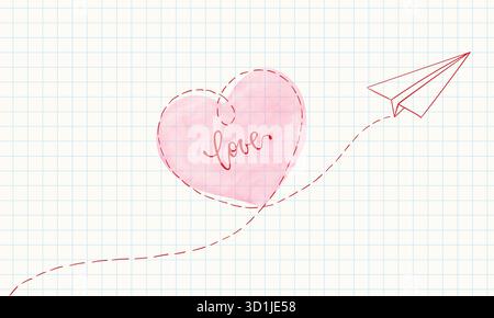 paper airplane is drawn on a sheet of paper. outlined heart sign with watercolor effect, and lettering love. design for greeting cards and invitations Stock Vector