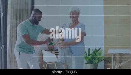 Trainer supporting client balancing leg in wellness space, with grid overlay and colored line graph Stock Photo