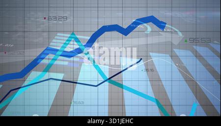 Financial chart displaying bars and colored lines on grid with numerical labels and up or down arrow Stock Photo