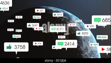 Displaying Earth globe glowing in space, with floating thumbs-up, comment bubbles, play icons Stock Photo