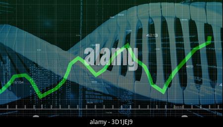 Displaying DNA helix over grid overlay, charting green line graph with numerical annotations, ticks Stock Photo