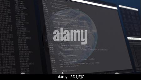 Displaying central monitor showing JavaScript code and globe overlay in workspace, with logs Stock Photo
