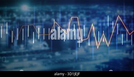 Displaying glowing line graph and vertical data bars over nighttime urban skyline, data overlay Stock Photo