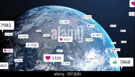 Showing planet Earth rotating in outer space, surrounded by social-media notification bubbles Stock Photo