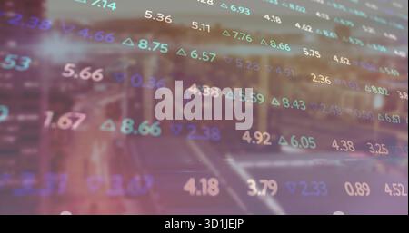 Displaying stock data overlay over blurred urban street, showing digital numbers and colored arrows Stock Photo