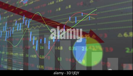 Displaying numeric chart in trading interface, with candlestick, bar, line, pie and arrow elements Stock Photo