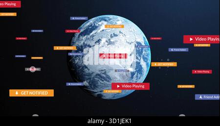 Floating Earth in space, with red playback, orange GET NOTIFIED, blue Friend Added banners, reticle Stock Photo