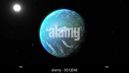 Orbiting spherical planet Earth displaying clouds in outer space, with bright sun and distant stars Stock Photo