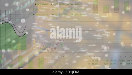 Displaying translucent grid overlay in datacenter showing green bars, trend lines and ticker data Stock Photo