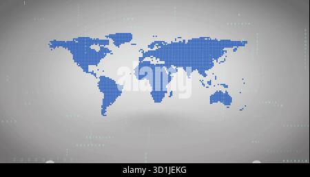 Displaying stylized dotted world map on light grey backdrop, with pale green binary data motifs Stock Photo