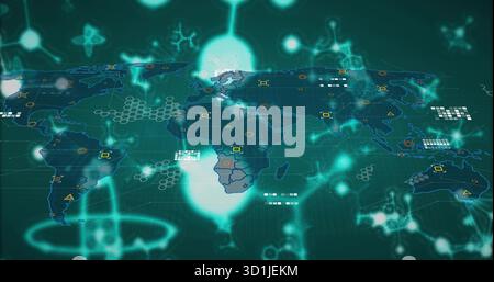 Displaying world map glowing molecular icons at command center, with hexagonal network overlays Stock Photo