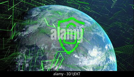 Displaying pixelated green shield icon shielding Earth in orbit, with digital network overlay Stock Photo