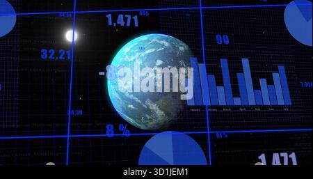Displaying 3D digital globe glowing on interface, with vertical bar chart and numeric overlays Stock Photo