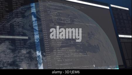 Displaying code editor showing JavaScript code over globe on computer monitor, with dark interface Stock Photo