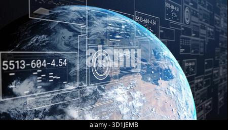 Earth globe rotating in orbit with translucent data panels, readouts, grid overlays, circular HUDs Stock Photo