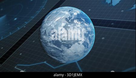 Displaying 3D Earth globe floating above grid plane in futuristic data visualization, UI overlays Stock Photo